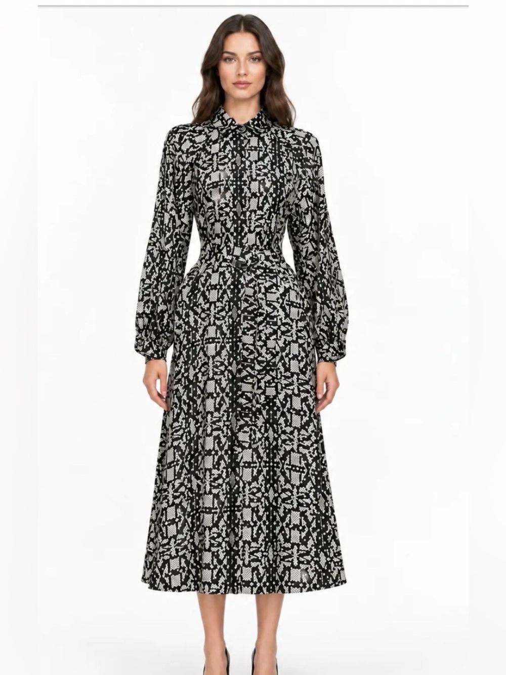 MaxMara Black and White Printed Long-Sleeve Midi Dress